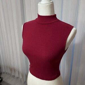 Sleeveless Mock Neck Ribbed Crop Top - Wine